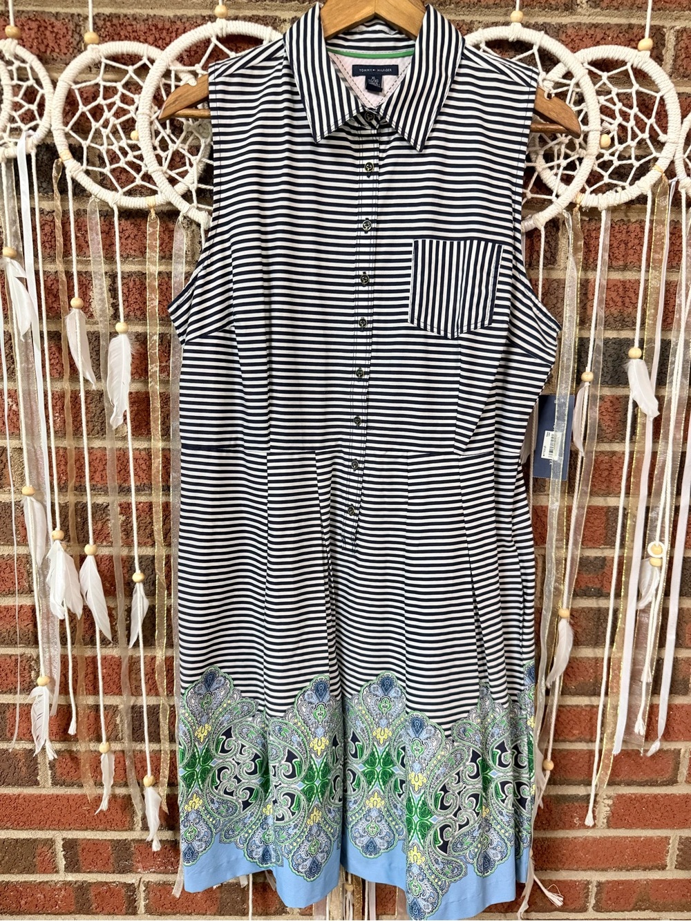 Tommy Hilfiger Navy and White Striped Paisley Button Dress
